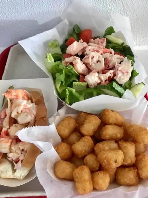 crabmeat salad and tater tots